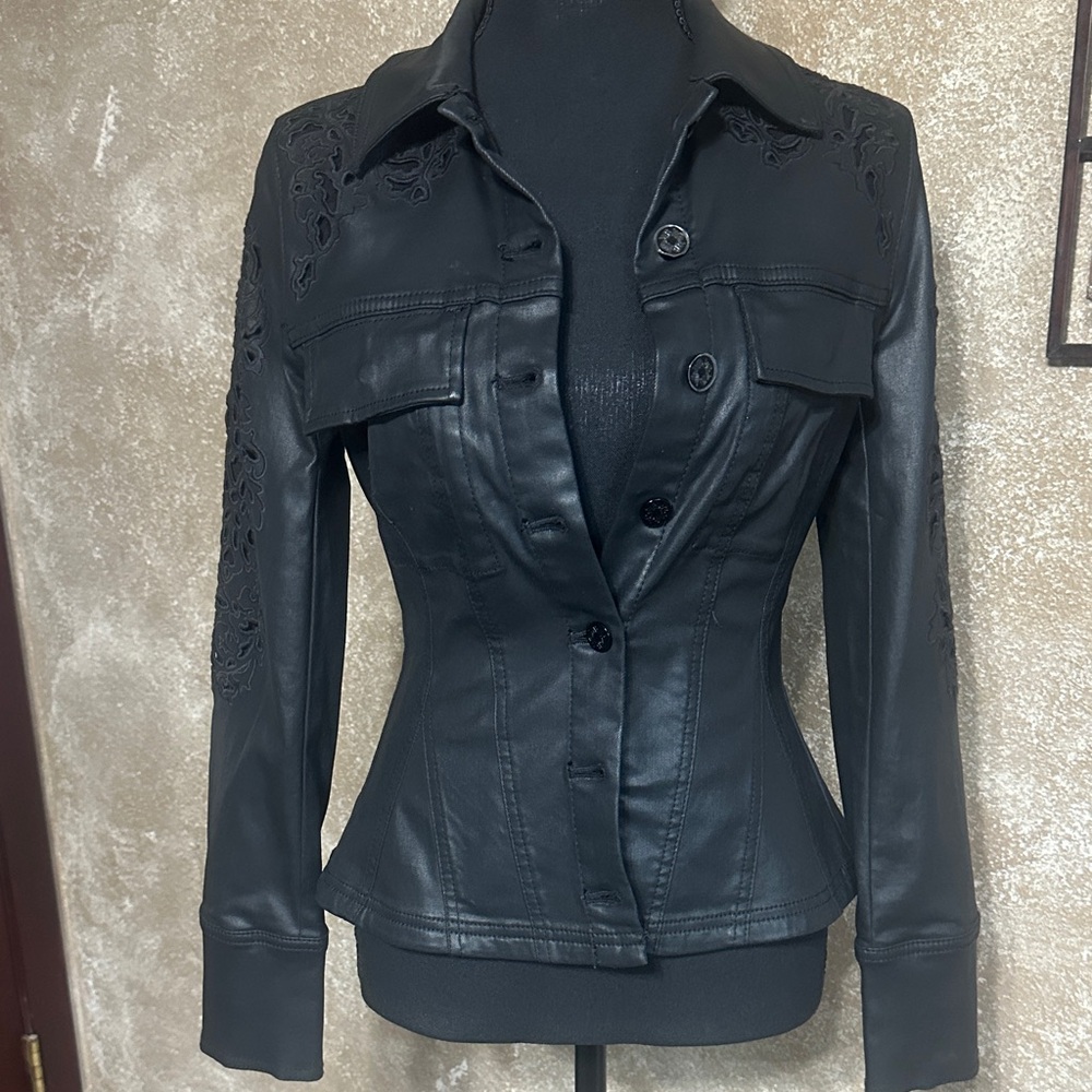 Women's Black Fitted Faux Leather Jacket with Embroidered Details